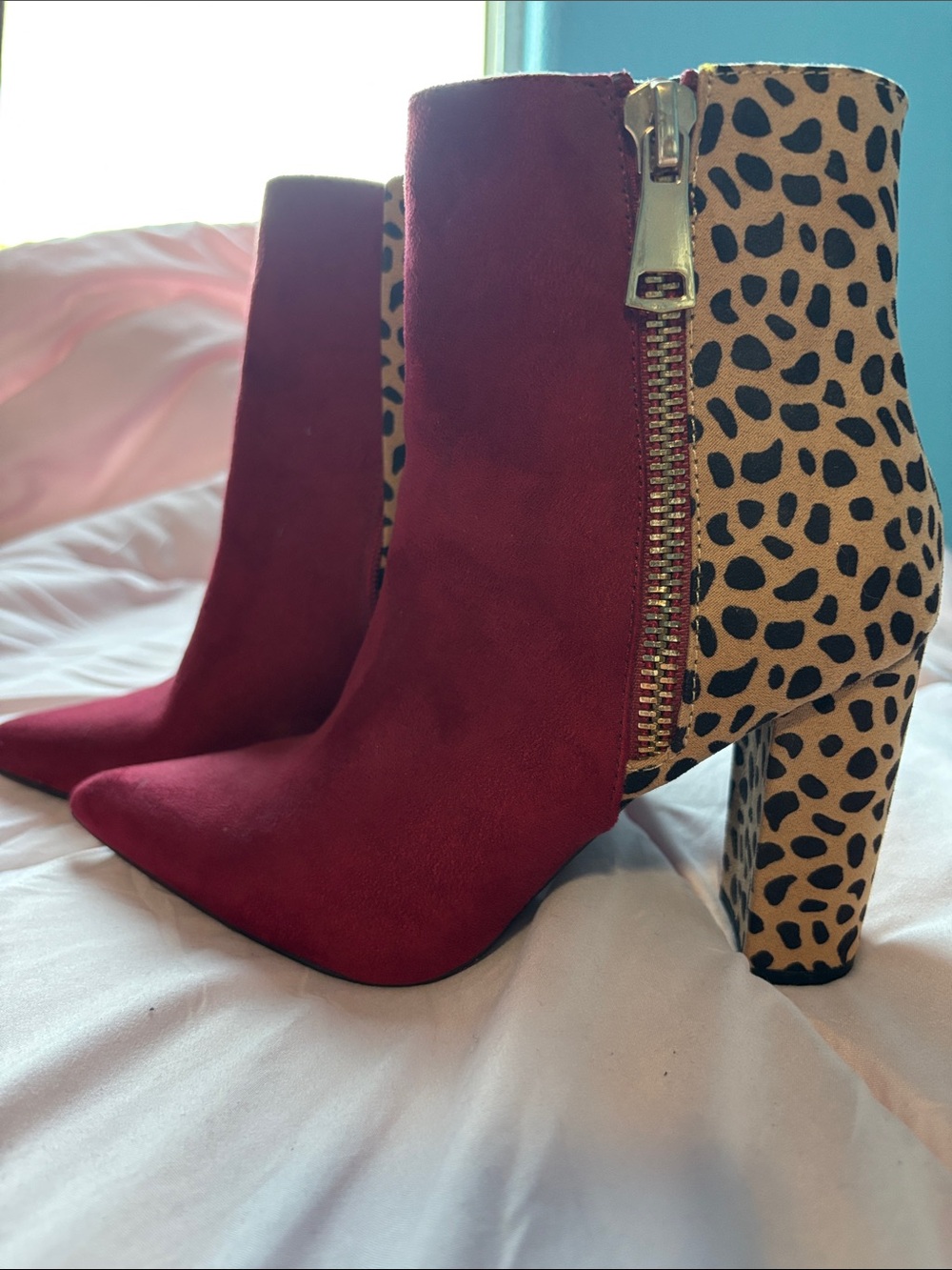 Red Suede Ankle Booties with Leopard-Pattern Block Heel